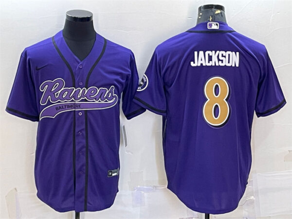 Men's Baltimore Ravens #8 Lamar Jackson Purple Gold With Patch Cool Base Stitched Baseball Jersey