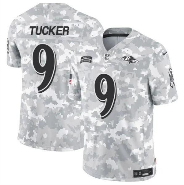 Men's Baltimore Ravens #9 Justin Tucker 2024 F.U.S.E Arctic Camo Salute To Service Limited Stitched Football Jersey