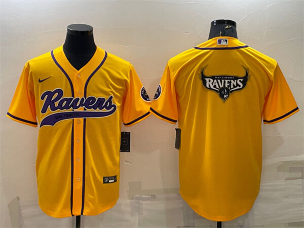 Men's Baltimore Ravens Yellow Team Big Logo With Patch Cool Base Stitched Baseball Jersey