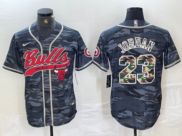 Men's Chicago Bulls #23 Michael Jordan Gray Camo Cool Base Stitched Baseball Jersey