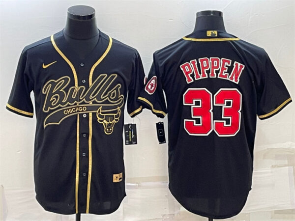 Men's Chicago Bulls #33 Scottie Pippen Black Gold With Patch Cool Base Stitched Baseball Jersey