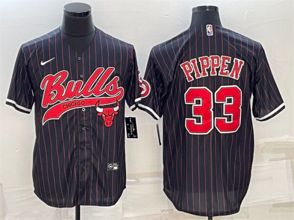 Men's Chicago Bulls #33 Scottie Pippen Black With Patch Cool Base Stitched Baseball JerseyS