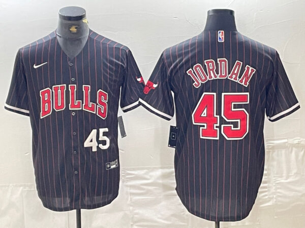 Men's Chicago Bulls #45 Michael Jordan Number Black Pinstripe Cool Base Stitched Baseball Jersey