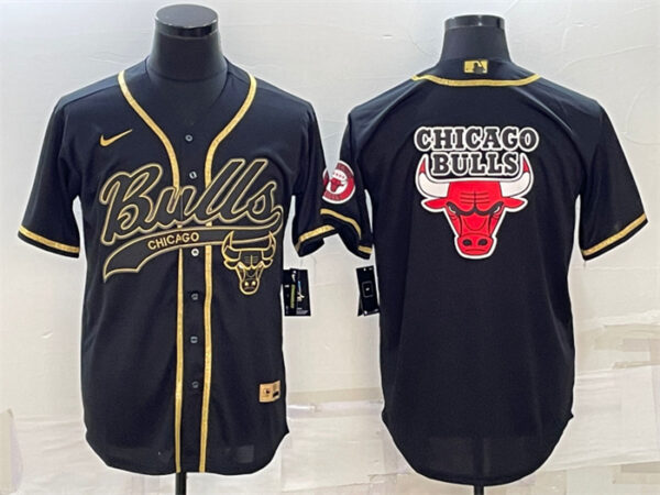 Men's Chicago Bulls Black Gold Team Big Logo Cool Base Stitched Baseball Jersey