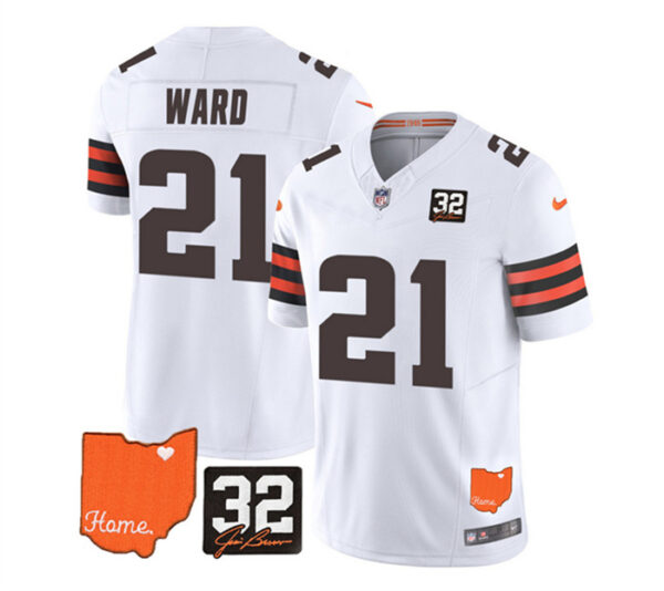 Men's Cleveland Browns #21 Denzel Ward White 2023 F.U.S.E. With Jim Brown Memorial Patch Vapor Untouchable Limited Stitched Jersey