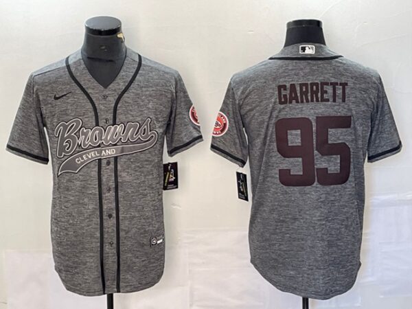 Men's Cleveland Browns #95 Myles Garrett Grey With Patch Cool Base Stitched Baseball Jersey