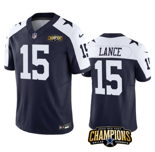 Men's Dallas Cowboys #15 Trey Lance Navy White 2023 F.U.S.E. NFC East Champions Patch Stitched Football Jersey