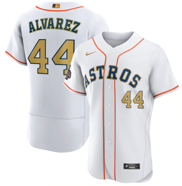 Men's Houston Astros #44 Yordan Alvarez White 2023 Gold Collection With World Serise Champions Patch Stitched Baseball Jersey