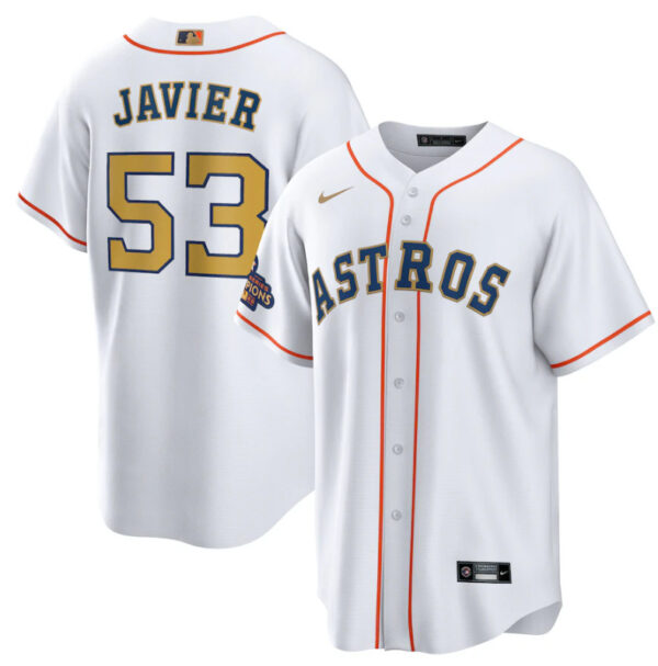 Men's Houston Astros #53 Cristian Javier White 2023 Gold Collection With World Serise Champions Patch Cool Base Stitched Baseball Jersey