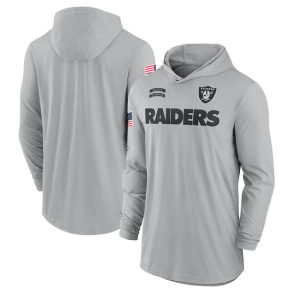 Men's Las Vegas Raiders 2024 Gray Salute To Service Lightweight Performance Long Sleeve Hooded T-Shirt