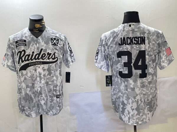 Men's Las Vegas Raiders #34 Bo Jackson 2024 Arctic Camo Salute To Service Stitched Baseball Jerseys