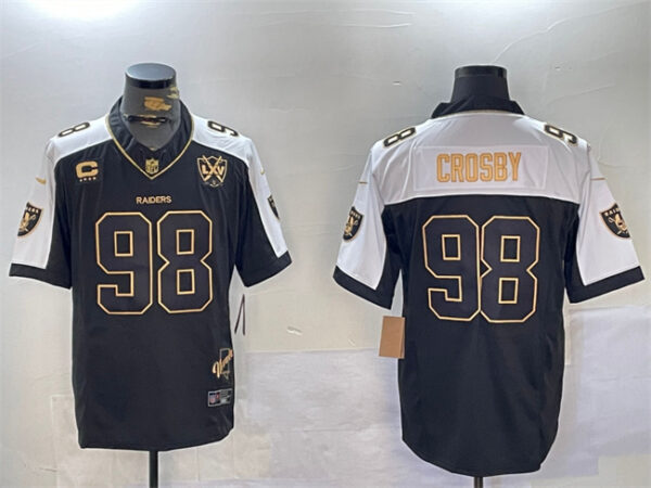 Men's Las Vegas Raiders #98 Maxx Crosby Black Gold F.U.S.E. With Nevada Silver Stat Patch And 65th Anniversary Patch 4-Star C Patch Limited Stitched Football Jersey