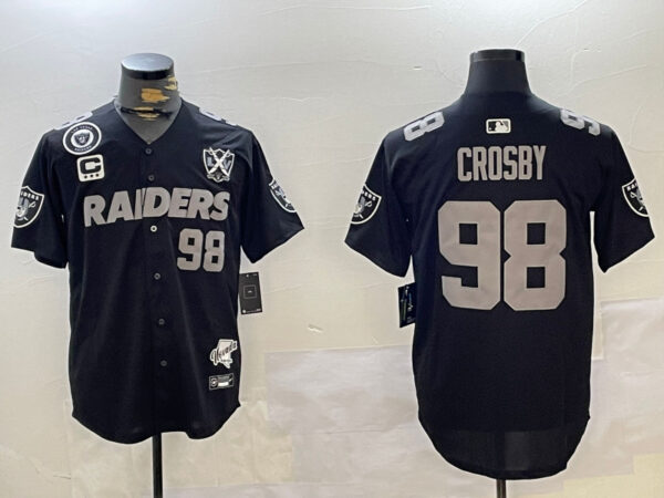 Men's Las Vegas Raiders #98 Maxx Crosby Black With Nevada Silver Stat Patch And 65th Anniversary Patch 3-Star C Patch Stitched Baseball Jerseys