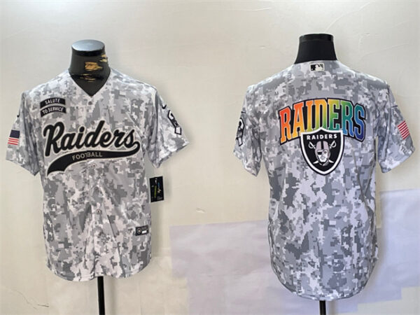 Men's Las Vegas Raiders Team Big Logo 2024 Arctic Camo Salute To Service Stitched Baseball Jersey