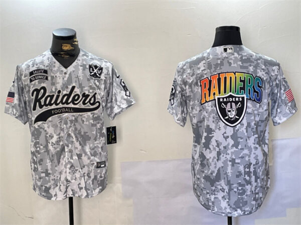 Men's Las Vegas Raiders Team Big Logo 2024 Arctic Camo Salute To Service With 65th Anniversary Patch Stitched Baseball Jerseys