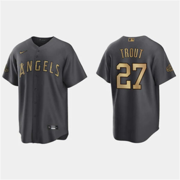 Men's Los Angeles Angels #27 Mike Trout 2022 All-Star Charcoal Cool Base Stitched Jersey