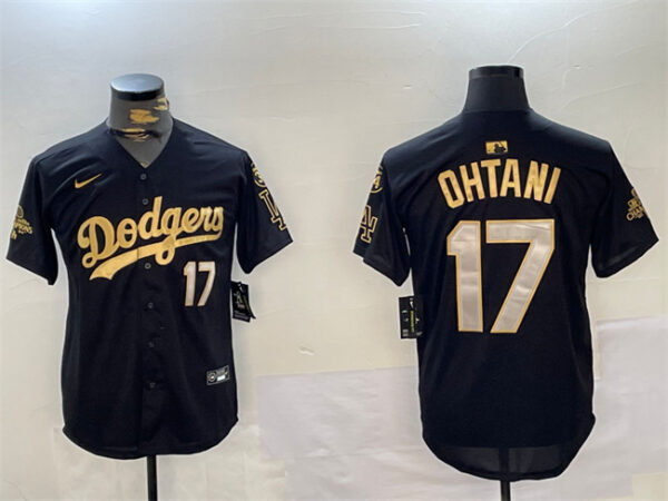 Men's Los Angeles Dodgers #17 Shohei Ohtani Black Gold 2024 World Series Champions With Fernando Memorial Patch Limited Stitched Baseball Jersey