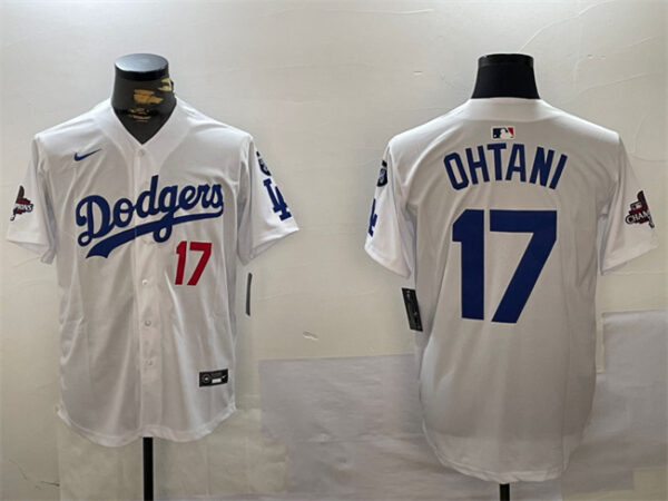 Men's Los Angeles Dodgers #17 Shohei Ohtani White 2024 World Series Champions With Fernando Memorial Patch Home Limited Stitched Baseball Jersey