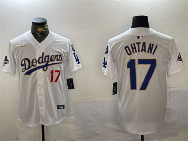 Men's Los Angeles Dodgers #17 Shohei Ohtani White Gold 2024 World Series Champions With Fernando Memorial Patch Home Limited Stitched Baseball Jersey