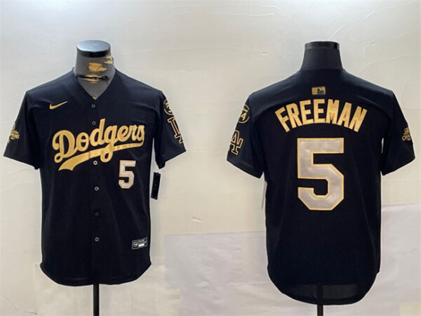 Men's Los Angeles Dodgers #5 Freddie Freeman Black Gold 2024 World Series Champions With Fernando Memorial Patch Limited Stitched Baseball Jersey