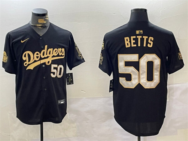 Men's Los Angeles Dodgers #50 Mookie Betts Black Gold 2024 World Series With Fernando Memorial Patch Limited Stitched Baseball Jersey