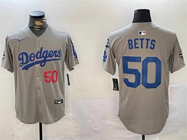 Men's Los Angeles Dodgers #50 Mookie Betts Grey 2024 World Series Champions With Fernando Memorial Patch Limited Stitched Baseball Jersey