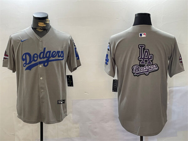 Men's Los Angeles Dodgers Team Big Logo Grey 2024 World Series Champions With Fernando Memorial Patch Limited Stitched Baseball Jersey