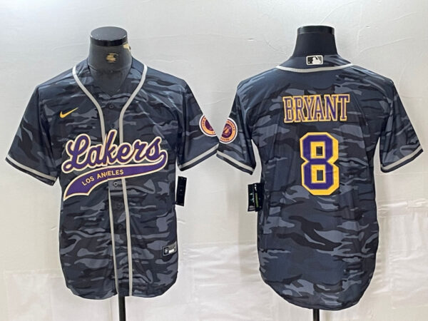 Men's Los Angeles Lakers #8 Kobe Bryant Grey Camo Cool Base Stitched Baseball Jersey 3