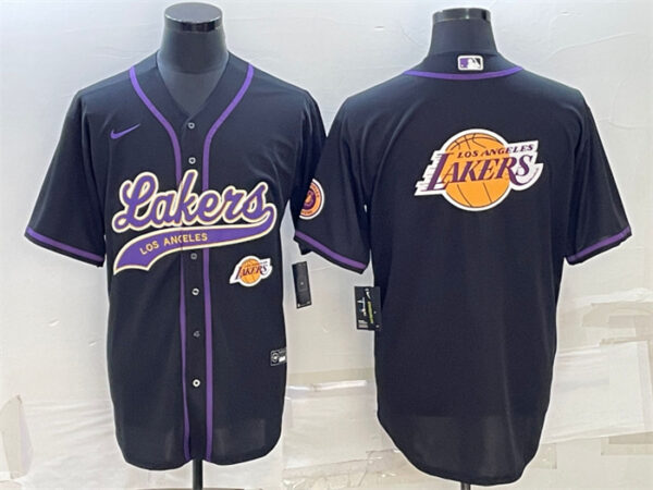 Men's Los Angeles Lakers Black Team Big Logo With Patch Cool Base Stitched Baseball Jersey