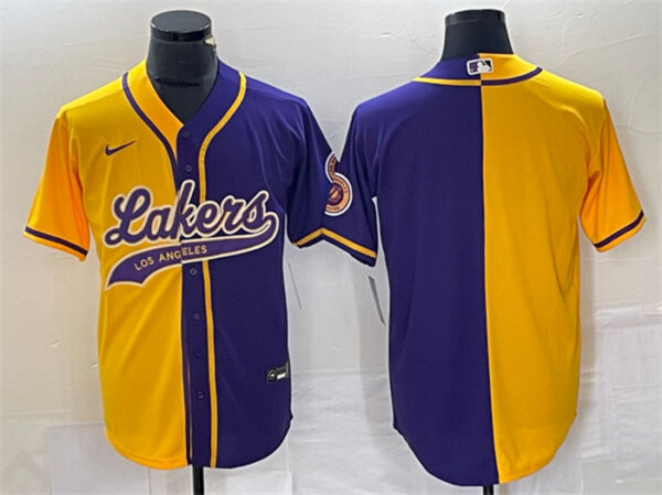 Men's Los Angeles Lakers Blank Gold Purple Split Cool Base Stitched Baseball Jersey