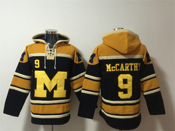 Men's Michigan Wolverines #9 J.J. McCarthy Black Yellow Ageless Must-Have Lace-Up Pullover Hoodie