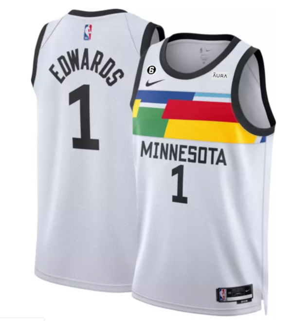 Men's Minnesota Timberwolves #1 Anthony Edwards White 2022 23 City Edition With NO.6 Patch Stitched Jersey