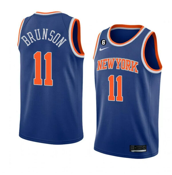 Men's New Yok Knicks #11 Jalen Brunson Blue With NO.6 Patch Stitched Basketball Jersey