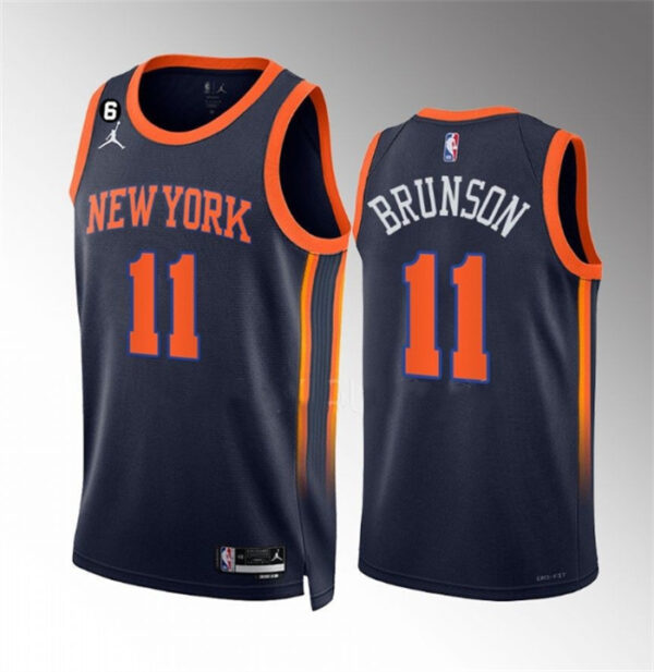 Men's New Yok Knicks #11 Jalen Brunson Navy Statement Edition With NO.6 Patch Stitched Basketball Jersey