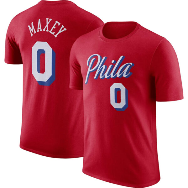 Men's Philadelphia 76ers #0 Tyrese Maxey Red 2022 23 Statement Edition Name & Number T-Shirt