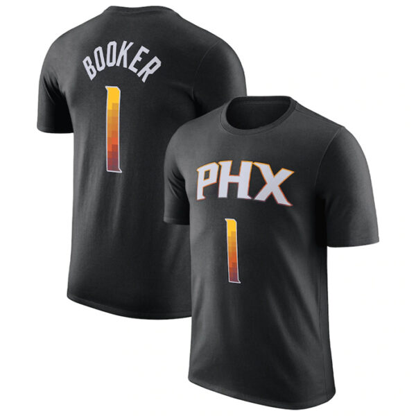 Men's Phoenix Suns #1 Devin Booker Black 2022 23 Statement Edition Name & Number T-Shirt