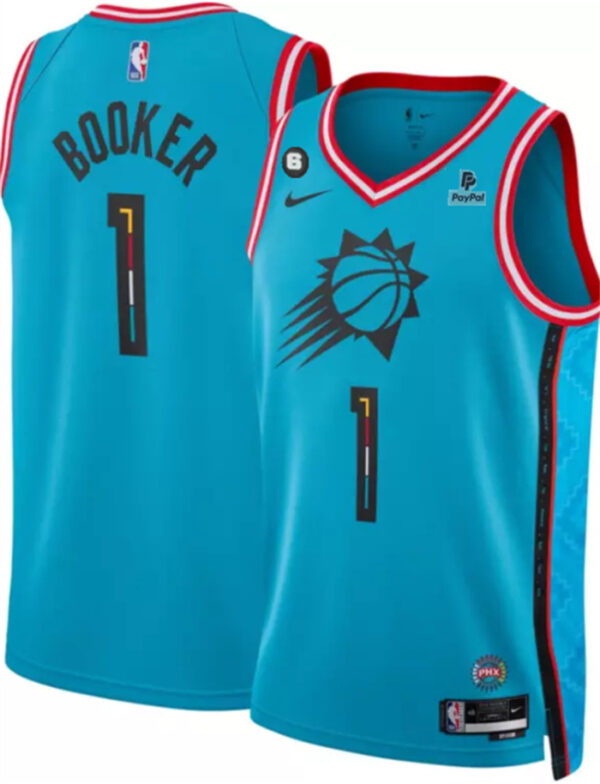 Men's Phoenix Suns #1 Devin Booker Blue 2022 23 City Edition With NO.6 And Payple Patch Stitched Basketball Jersey