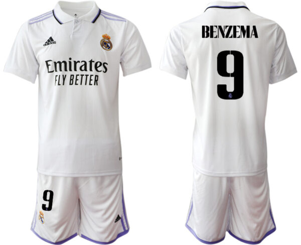 Men's Real Madrid #9 Karim Benzema 22 23 White Home Soccer Jersey Suit