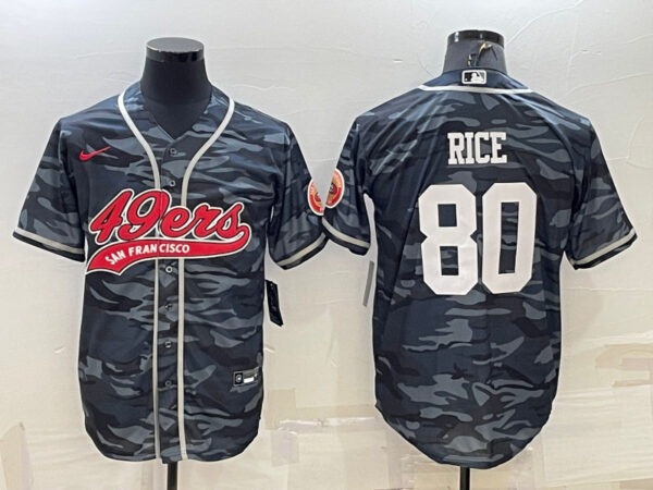 Men's San Francisco 49ers #80 Jerry Rice Grey Camo With Patch Cool Base Stitched Baseball Jersey