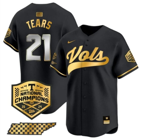 Men's Tennessee Volunteers #21 Kavares Tears Black Gold 2024 Champions Vapor Limited Stitched Jersey