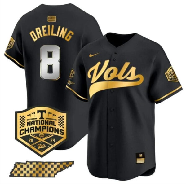 Men's Tennessee Volunteers #8 Dylan Dreiling Black Gold 2024 Champions Vapor Limited Stitched Jersey