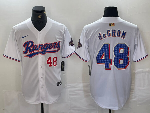 Men's Texas Rangers #48 Jacob DeGrom White Gold Cool Base Stitched Baseball Jersey