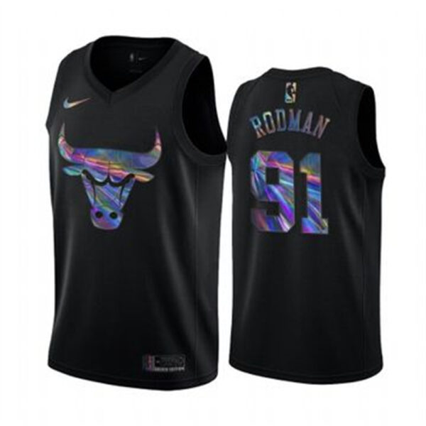 Nike Bulls #91 Dennis Rodman Men's Iridescent Holographic Collection NBA Jersey - Black