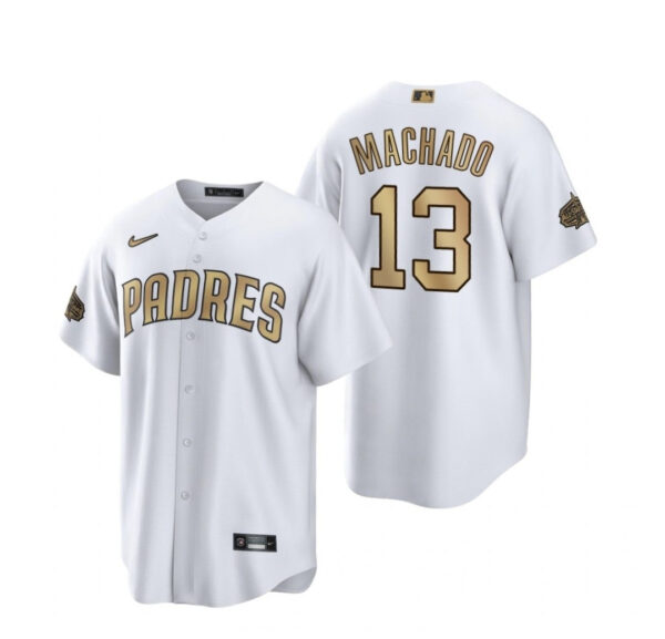 Nike Men's San Diego Padres #13 Manny Machado White Baseball White Gold Jersey