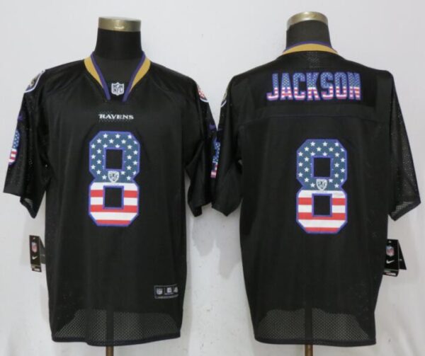 Nike Ravens 8 Lamar Jackson Black USA Flag Fashion Elite Jersey