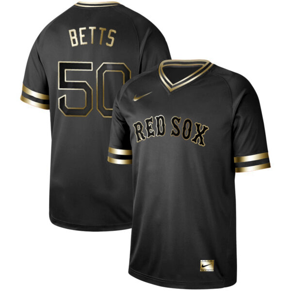 Red Sox 50 Mookie Betts Black Gold Nike Cooperstown Collection Legend V Neck Jersey