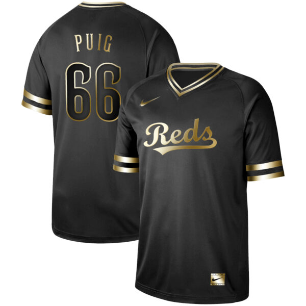 Reds 66 Yasiel Puig Black Gold Nike Cooperstown Collection Legend V Neck Jersey