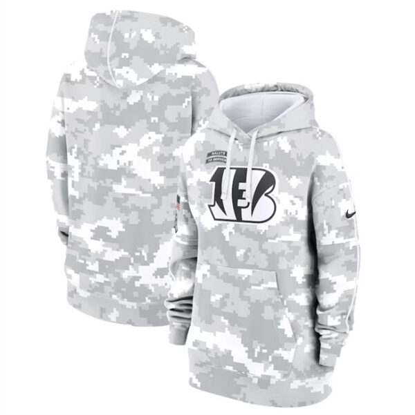 Women's Cincinnati Bengals 2024 Arctic Camo Salute To Service Club Fleece Pullover Hoodie(Run Small)