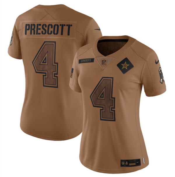 Women's Dallas Cowboys #4 Dak Prescott 2023 Brown Salute To Service Limited Stitched Football Jersey(Run Smalluff09