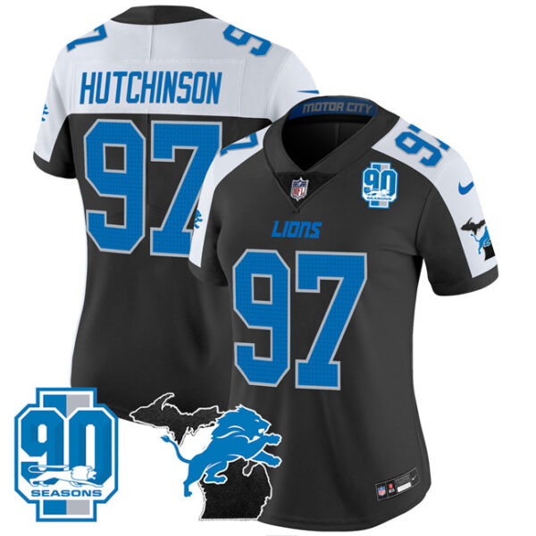 Women's Detroit Lions #97 Aidan Hutchinson Black White 2024 F.U.S.E Michigan Patch & 90th Year Patch Vapor Limited Stitched Jersey(Run Small)